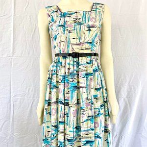 Vintage 1940s Handmade Purple Teal and Black Dress with Black Belt